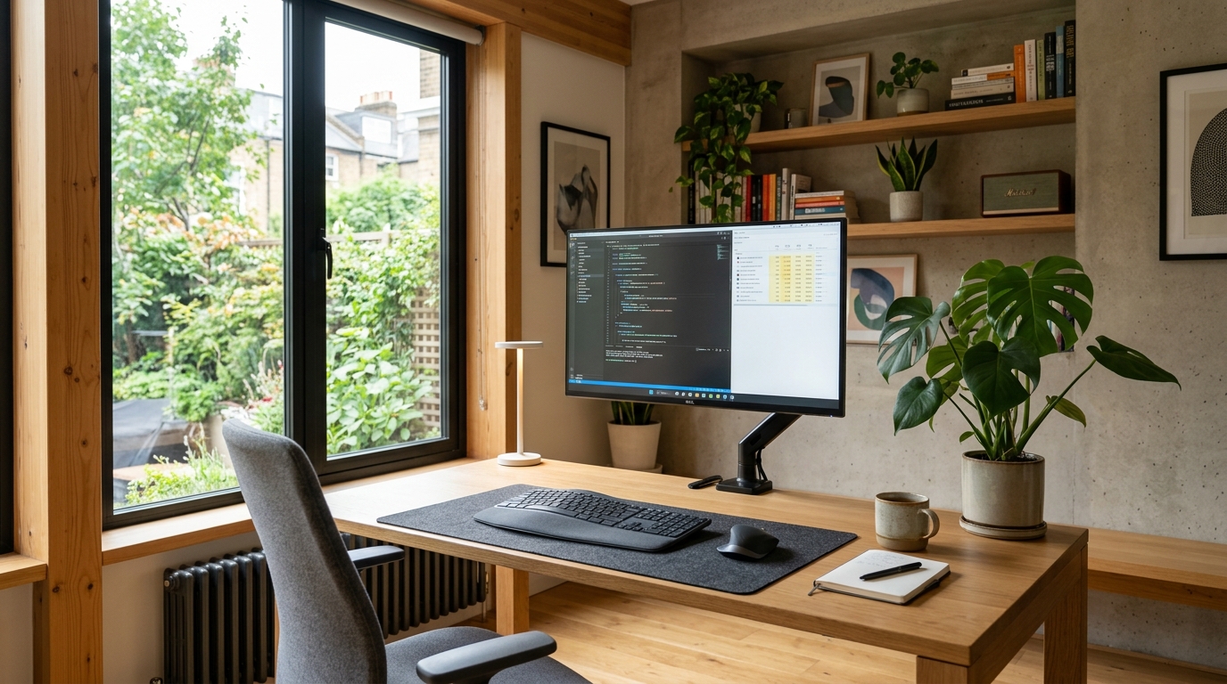 Pengaturan meja ergonomis dengan jarak fokus visual seimbang ke monitor dan jendela