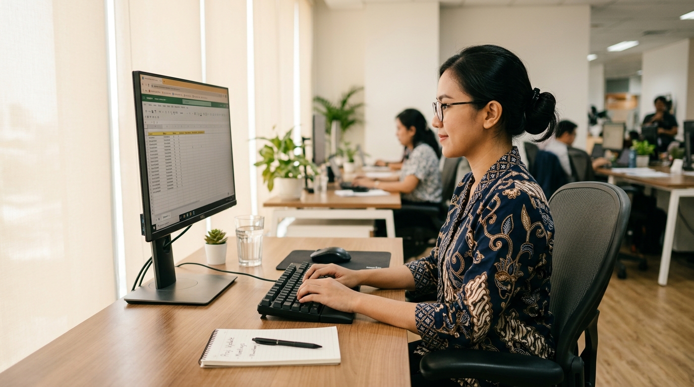Pekerja kantor di meja kerja modern memperhatikan layar dengan postur kerja yang rapi